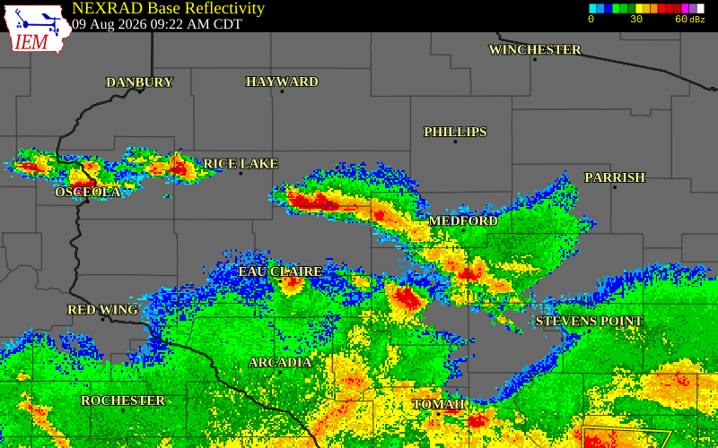 NEXRAD radar during the Sunday, August 9, 2026 storm activity in Chippewa County, Wisconsin