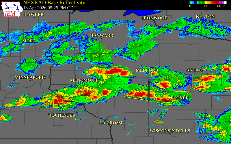 Radar snapshot during the Apr 13, 2026 hail event near 1 NNE Cornell, Chippewa County, Wisconsin, with NWS warning polygons