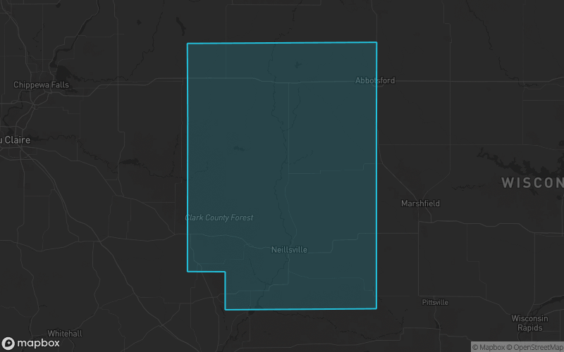 Map of Clark County, Wisconsin showing the county boundary and surrounding cities