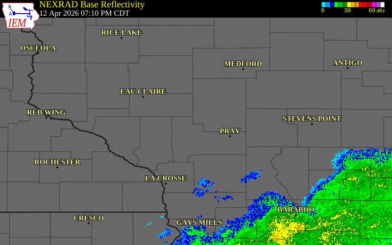 NEXRAD radar during the Sunday, April 12, 2026 storm activity in Clark County, Wisconsin