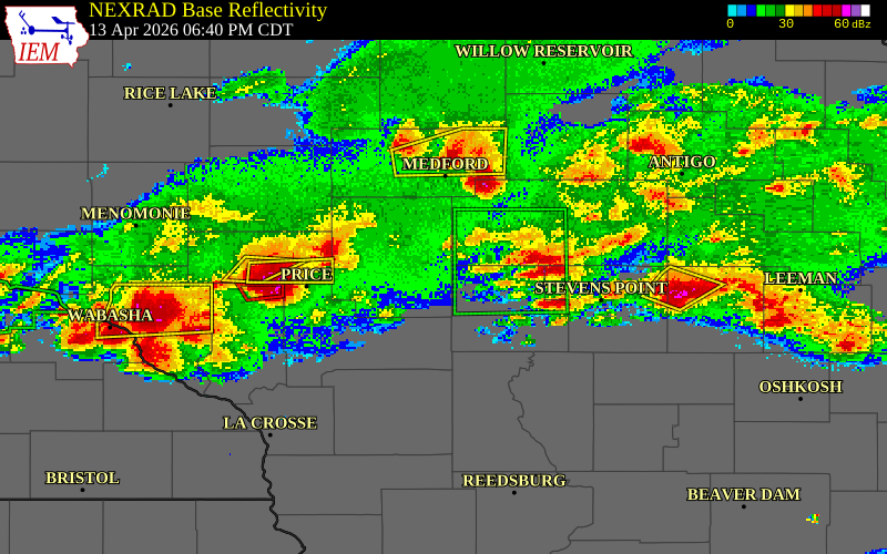 NEXRAD radar during the Monday, April 13, 2026 storm activity in Clark County, Wisconsin