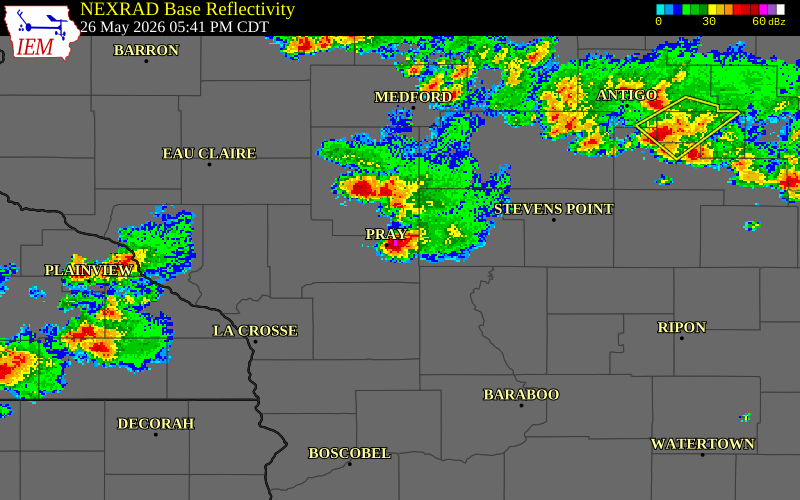 NEXRAD radar during the Tuesday, May 26, 2026 storm activity in Clark County, Wisconsin