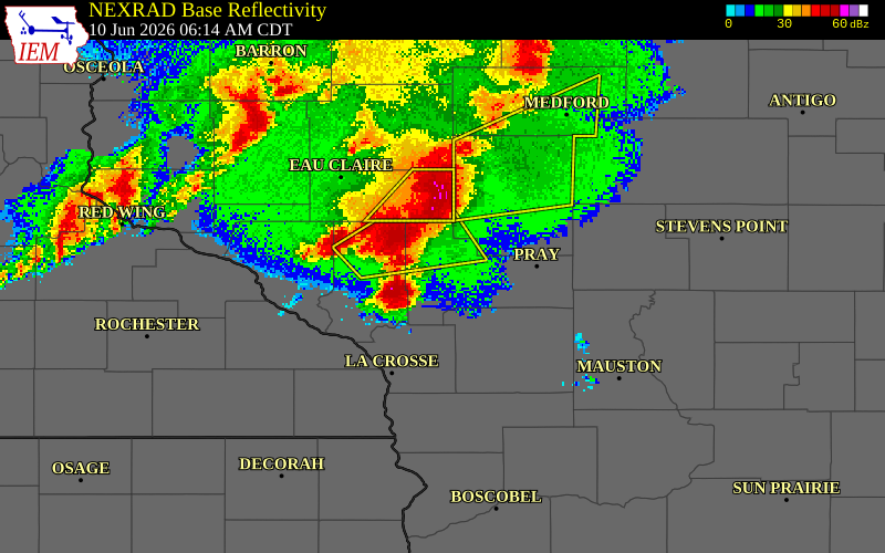 NEXRAD radar during the Wednesday, June 10, 2026 storm activity in Clark County, Wisconsin