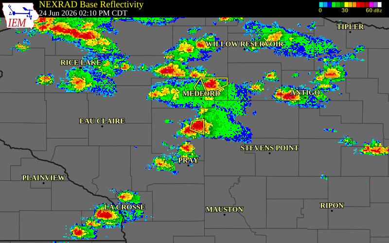 NEXRAD radar during the Wednesday, June 24, 2026 storm activity in Clark County, Wisconsin