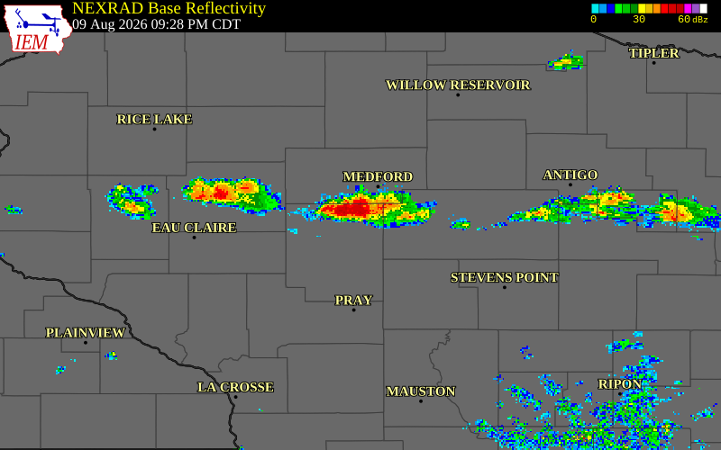 NEXRAD radar during the Sunday, August 9, 2026 storm activity in Clark County, Wisconsin