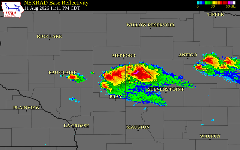 NEXRAD radar during the Tuesday, August 11, 2026 storm activity in Clark County, Wisconsin