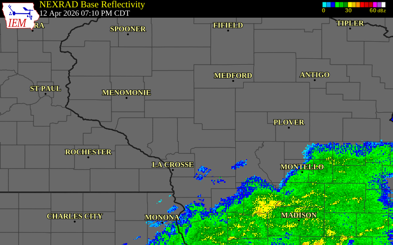 Radar snapshot during the Apr 12, 2026 hail event near Humbird, Clark County, Wisconsin, with NWS warning polygons