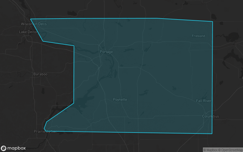 Map of Columbia County, Wisconsin showing the county boundary and surrounding cities