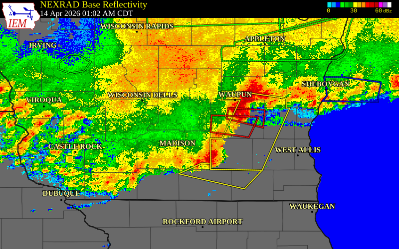 NEXRAD radar during the Tuesday, April 14, 2026 storm activity in Columbia County, Wisconsin