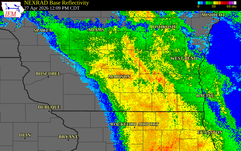 NEXRAD radar during the Monday, April 27, 2026 storm activity in Columbia County, Wisconsin
