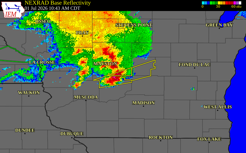 NEXRAD radar during the Wednesday, July 1, 2026 storm activity in Columbia County, Wisconsin