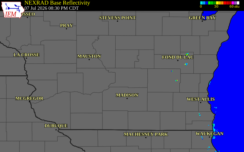 NEXRAD radar during the Tuesday, July 7, 2026 storm activity in Columbia County, Wisconsin