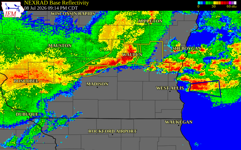 NEXRAD radar during the Wednesday, July 8, 2026 storm activity in Columbia County, Wisconsin