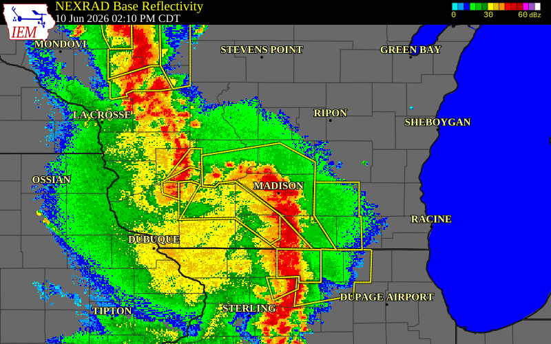 Radar snapshot during the Jun 10, 2026 wind event near 3 SW Arlington, Columbia County, Wisconsin, with NWS warning polygons