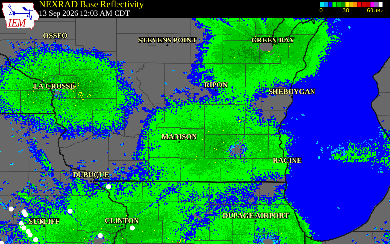 Current NEXRAD radar over Columbia County, Wisconsin with recent storm report locations