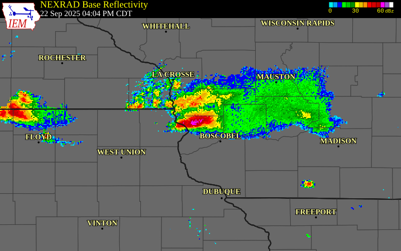 NEXRAD radar during the Monday, September 22, 2025 storm activity in Crawford County, Wisconsin