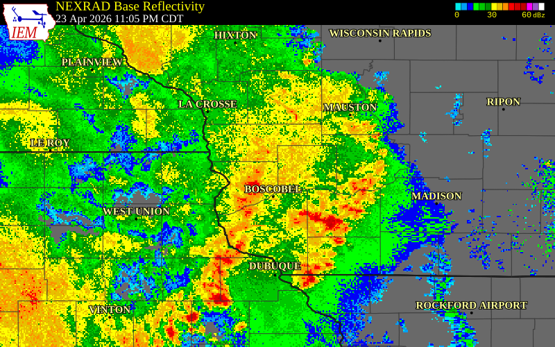 NEXRAD radar during the Thursday, April 23, 2026 storm activity in Crawford County, Wisconsin
