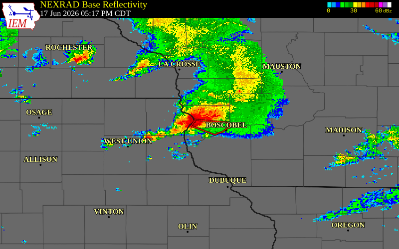 NEXRAD radar during the Wednesday, June 17, 2026 storm activity in Crawford County, Wisconsin