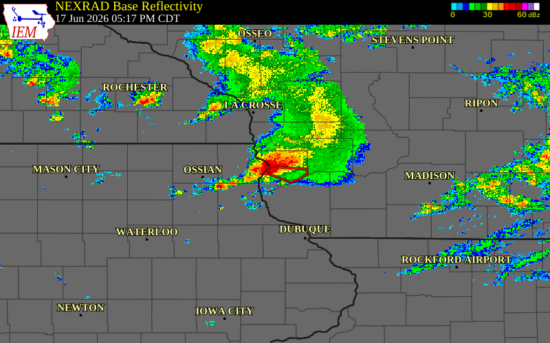 Radar snapshot during the Jun 17, 2026 tornado event near 3 N Eastman, Crawford County, Wisconsin, with NWS warning polygons
