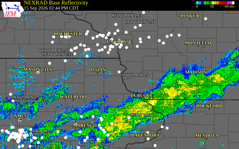 Current NEXRAD radar over Crawford County, Wisconsin with recent storm report locations