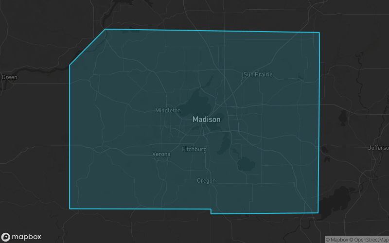 Map of Dane County, Wisconsin showing the county boundary and surrounding cities