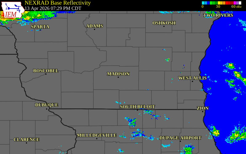 NEXRAD radar during the Monday, April 13, 2026 storm activity in Dane County, Wisconsin