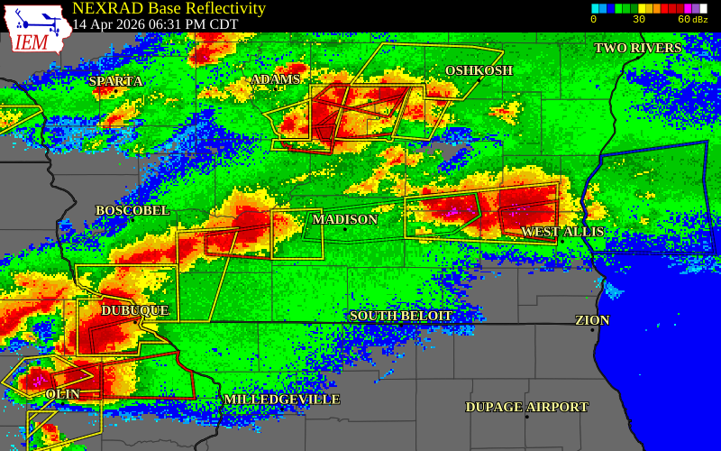 NEXRAD radar during the Tuesday, April 14, 2026 storm activity in Dane County, Wisconsin