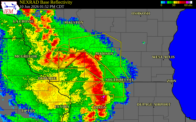 NEXRAD radar during the Wednesday, June 10, 2026 storm activity in Dane County, Wisconsin