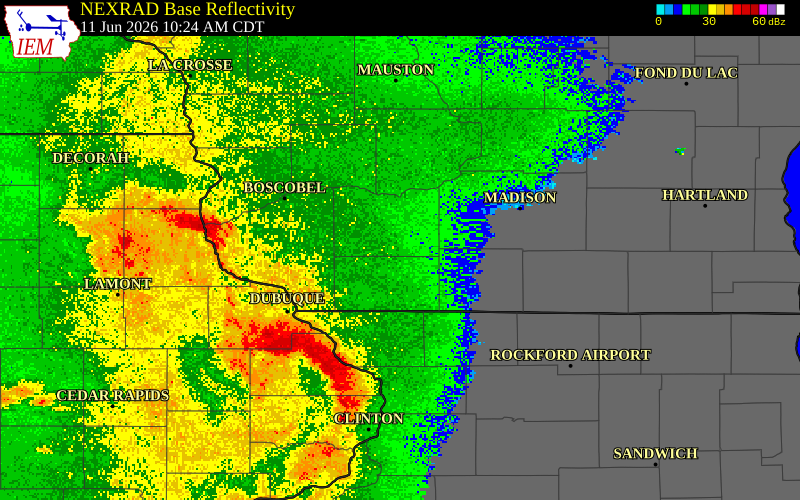 NEXRAD radar during the Thursday, June 11, 2026 storm activity in Dane County, Wisconsin