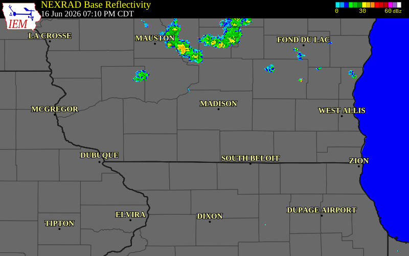 NEXRAD radar during the Tuesday, June 16, 2026 storm activity in Dane County, Wisconsin
