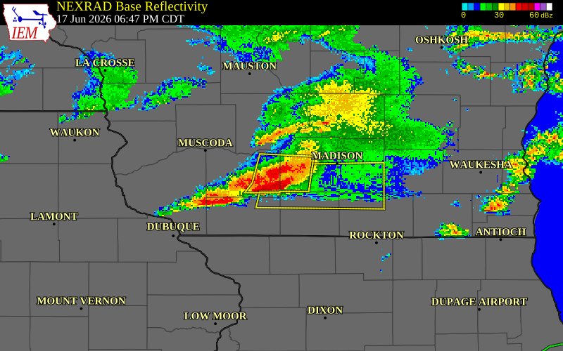 NEXRAD radar during the Wednesday, June 17, 2026 storm activity in Dane County, Wisconsin