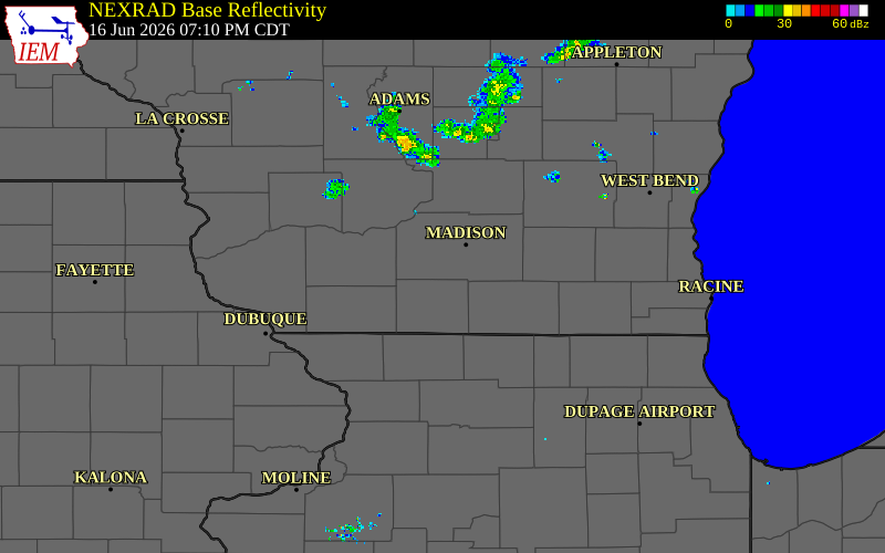 Radar snapshot during the Jun 16, 2026 tornado event near 1 N Belleville, Dane County, Wisconsin, with NWS warning polygons