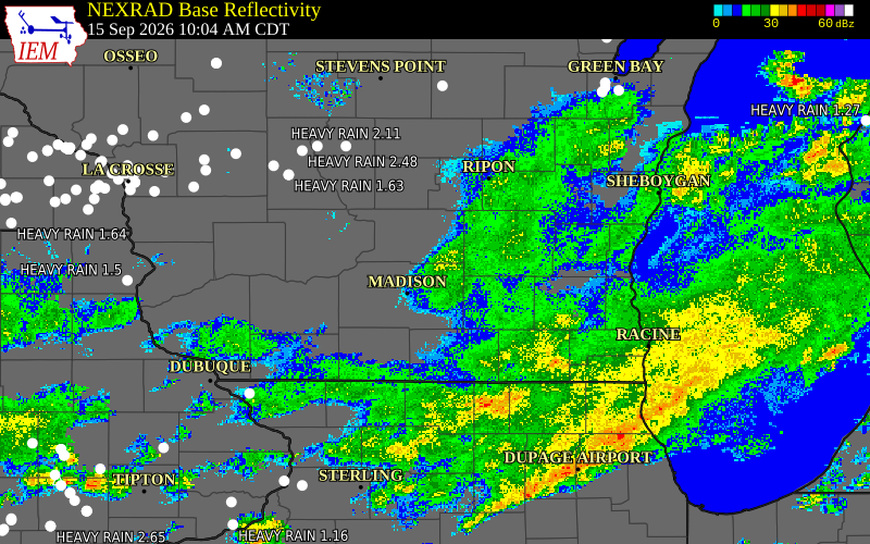 Current NEXRAD radar over Dane County, Wisconsin with recent storm report locations