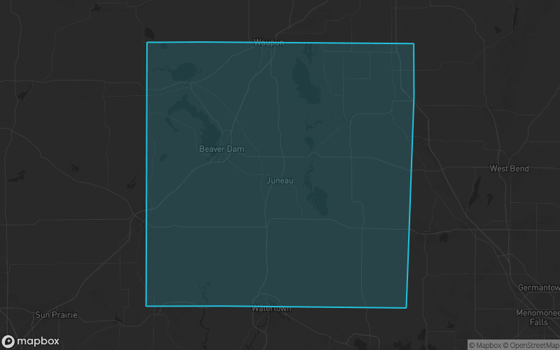 Map of Dodge County, Wisconsin showing the county boundary and surrounding cities