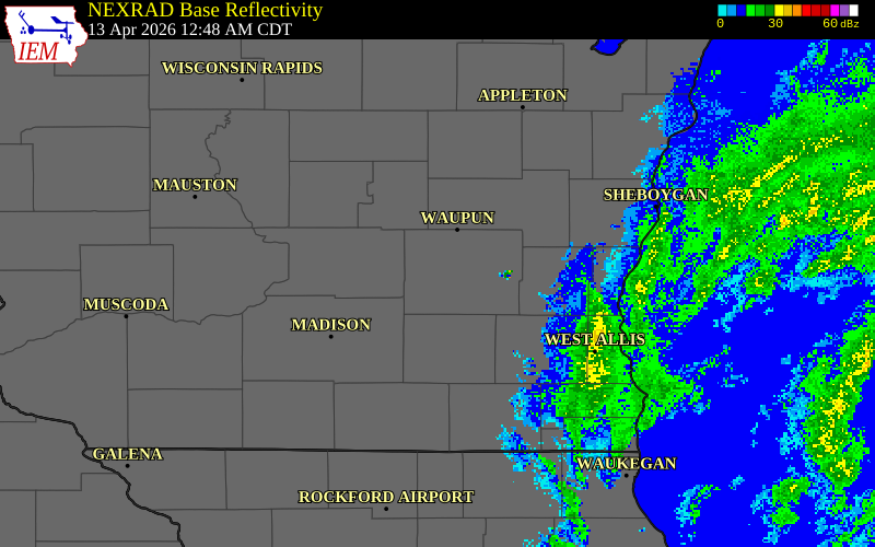 NEXRAD radar during the Monday, April 13, 2026 storm activity in Dodge County, Wisconsin