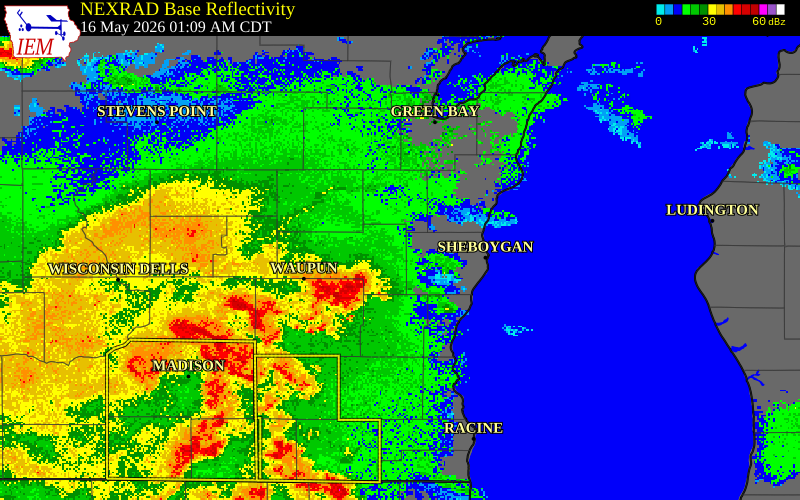 NEXRAD radar during the Saturday, May 16, 2026 storm activity in Dodge County, Wisconsin