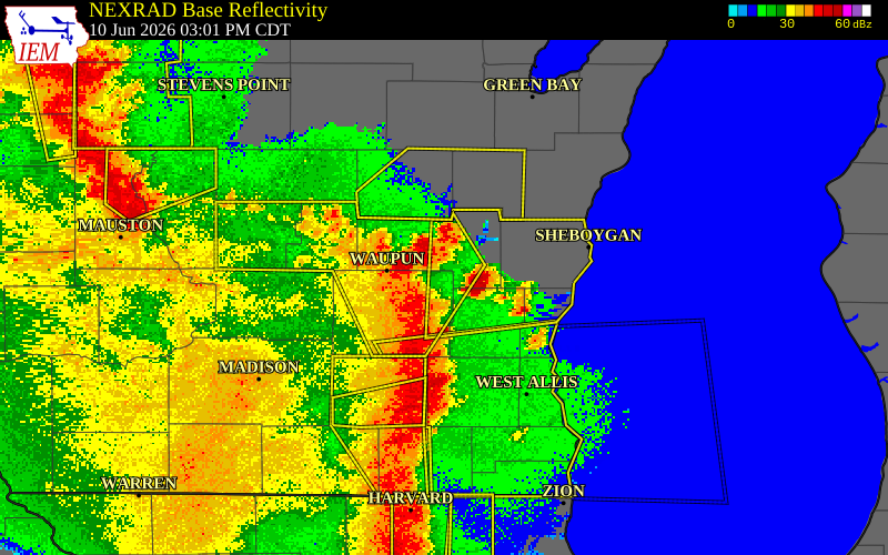 NEXRAD radar during the Wednesday, June 10, 2026 storm activity in Dodge County, Wisconsin