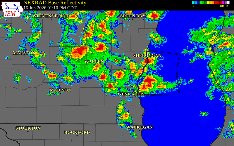 NEXRAD radar during the Tuesday, June 16, 2026 storm activity in Dodge County, Wisconsin