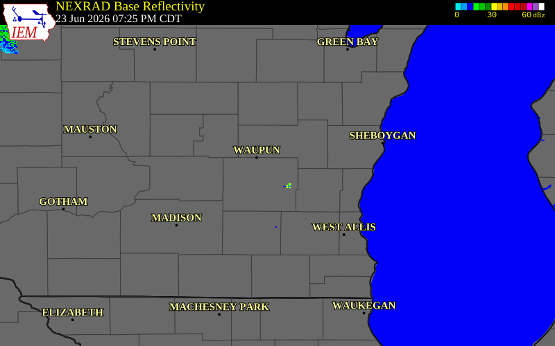 NEXRAD radar during the Tuesday, June 23, 2026 storm activity in Dodge County, Wisconsin