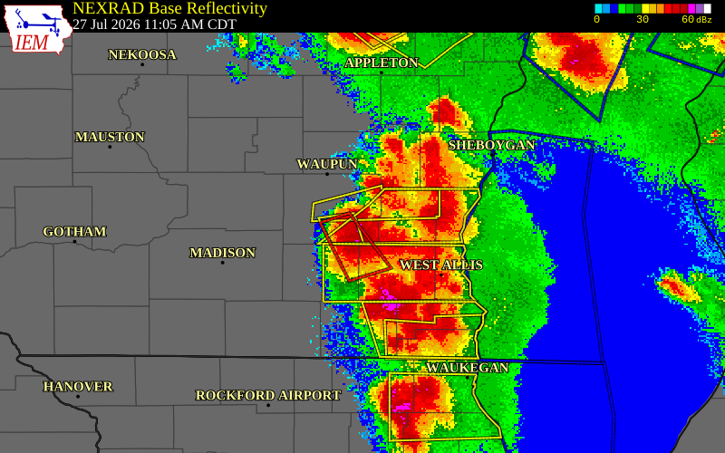 NEXRAD radar during the Monday, July 27, 2026 storm activity in Dodge County, Wisconsin