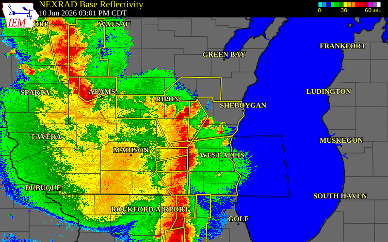 Radar snapshot during the Jun 10, 2026 tornado event near Lomira, Dodge County, Wisconsin, with NWS warning polygons