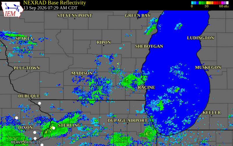 Current NEXRAD radar over Dodge County, Wisconsin with recent storm report locations