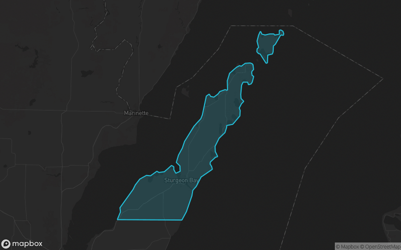 Map of Door County, Wisconsin showing the county boundary and surrounding cities