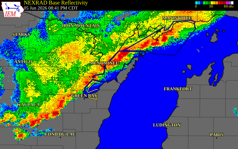 NEXRAD radar during the Friday, June 5, 2026 storm activity in Door County, Wisconsin