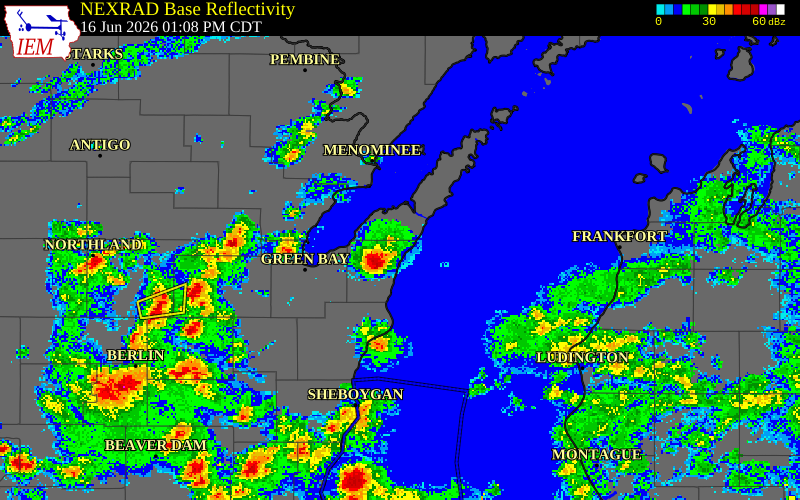 NEXRAD radar during the Tuesday, June 16, 2026 storm activity in Door County, Wisconsin