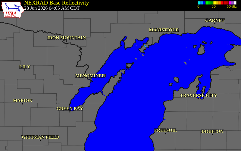 NEXRAD radar during the Sunday, June 28, 2026 storm activity in Door County, Wisconsin