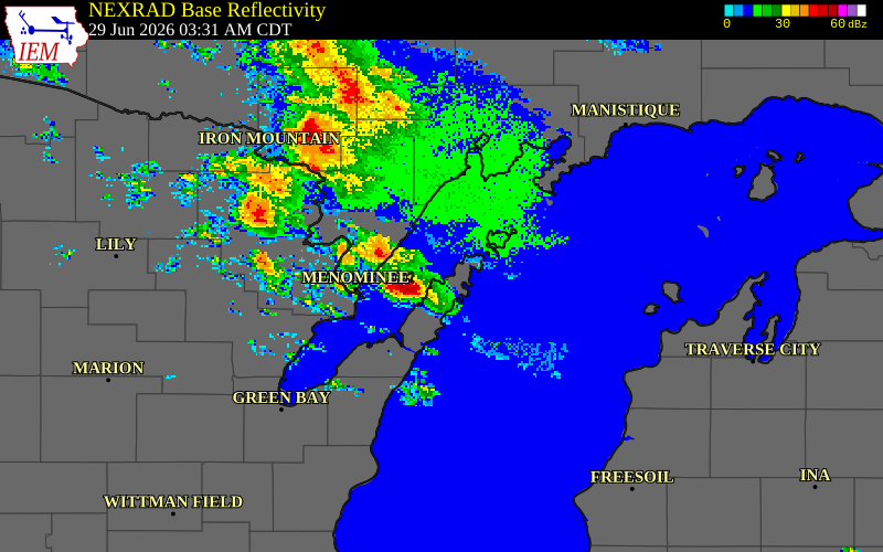 NEXRAD radar during the Monday, June 29, 2026 storm activity in Door County, Wisconsin