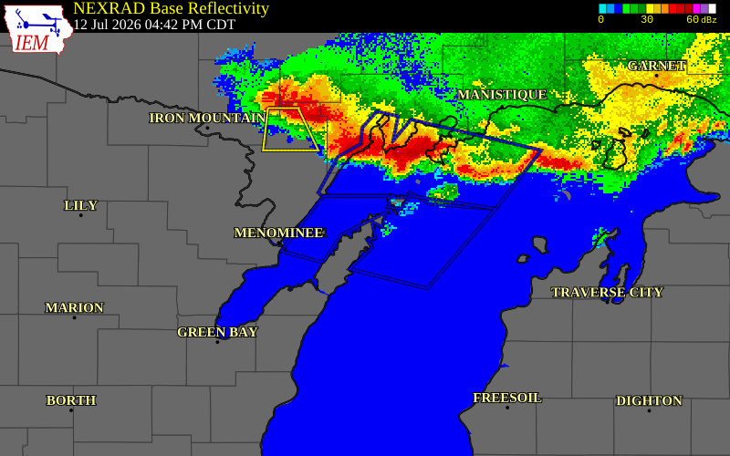 NEXRAD radar during the Sunday, July 12, 2026 storm activity in Door County, Wisconsin