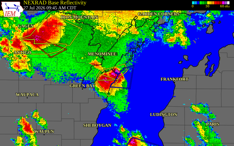 NEXRAD radar during the Monday, July 27, 2026 storm activity in Door County, Wisconsin