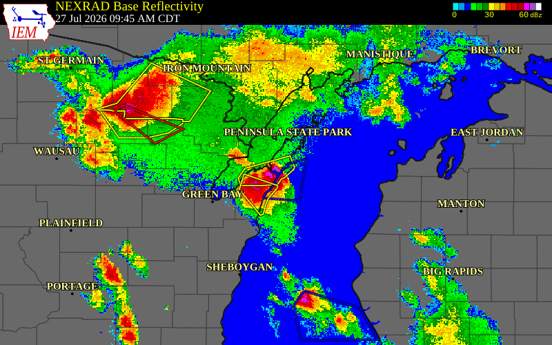 Radar snapshot during the Jul 27, 2026 hail event near 2 ESE Sturgeon Bay, Door County, Wisconsin, with NWS warning polygons